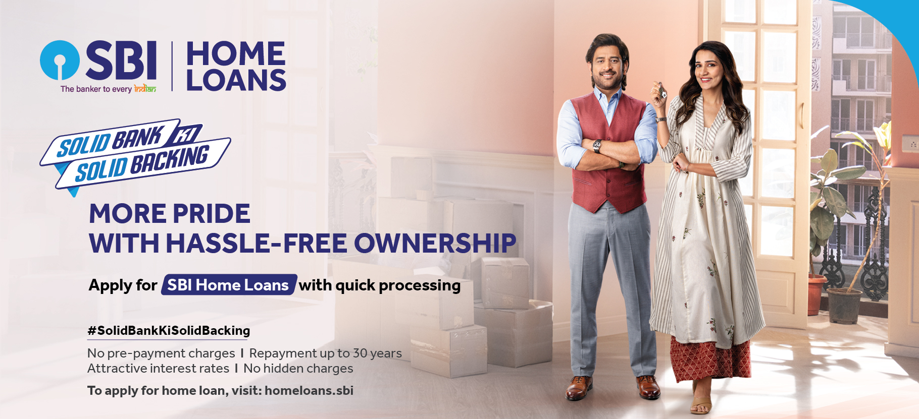 A promotional image for home loans from the State Bank of India, featuring the bank's logo and a visually appealing design