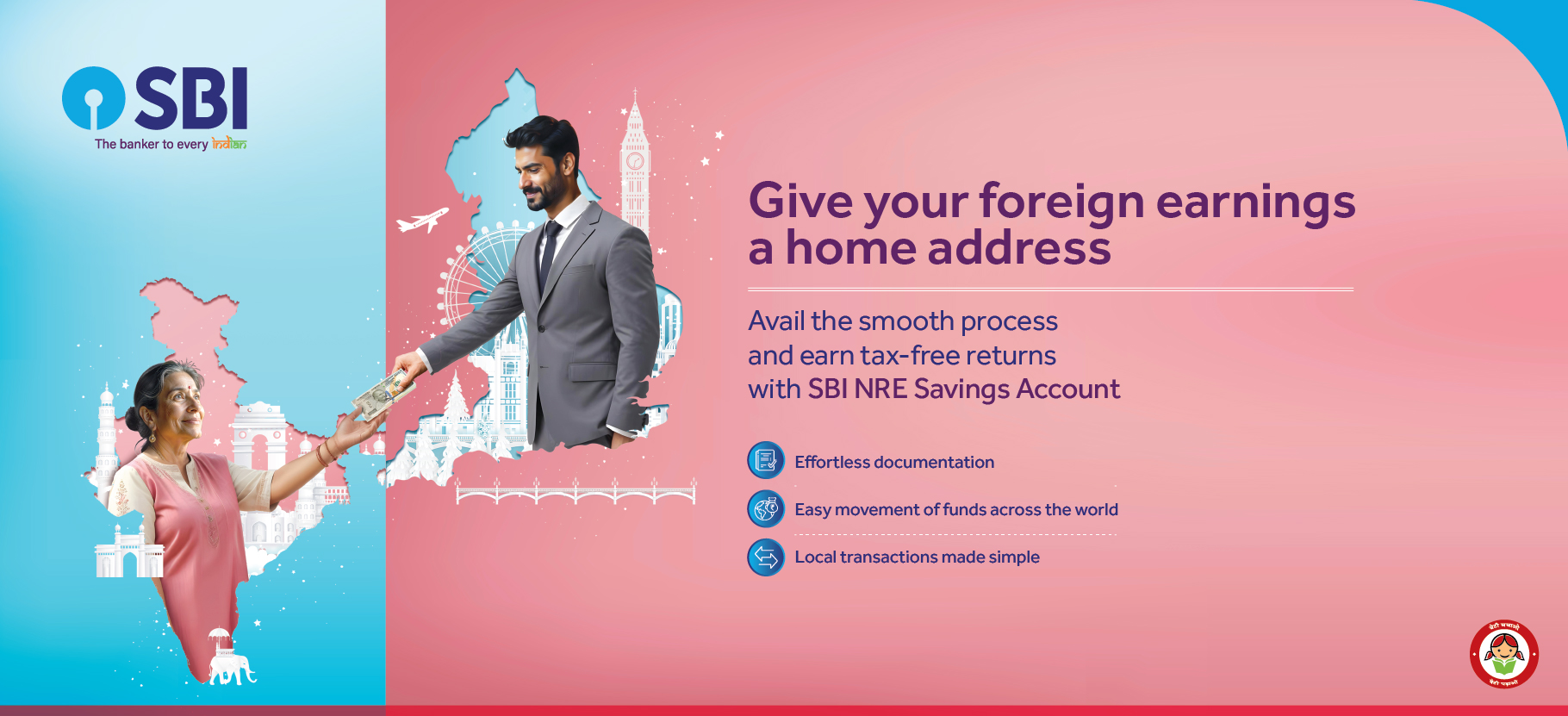 Promotional banner for State Bank of India's NRE savings account, showcasing features and benefits for Non-Resident Indians