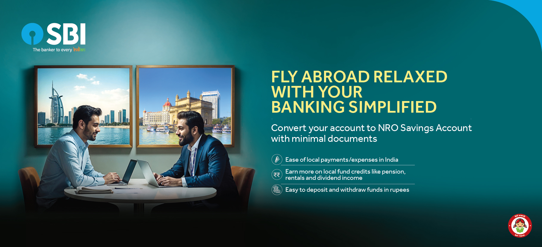 Promotional banner for State Bank of India's NRO savings account, highlighting features and benefits for Non-Resident Indians managing their finances in India