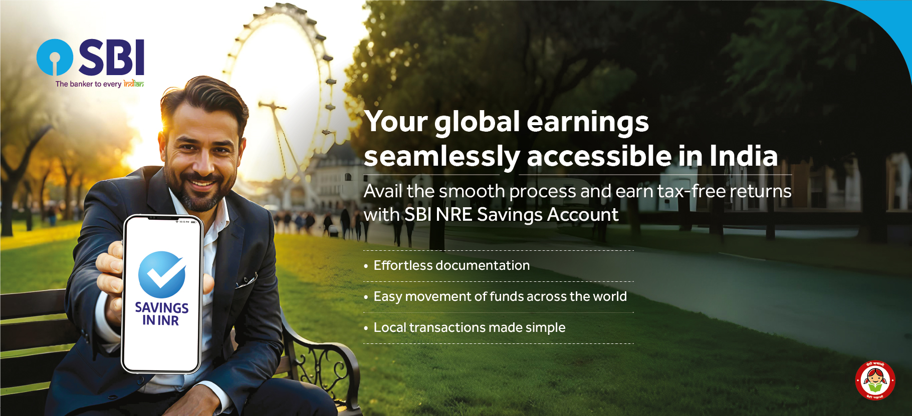 Promotional banner for State Bank of India's NRE (Non-Resident External) savings account, highlighting features and benefits for Non-Resident Indians managing their finances in India