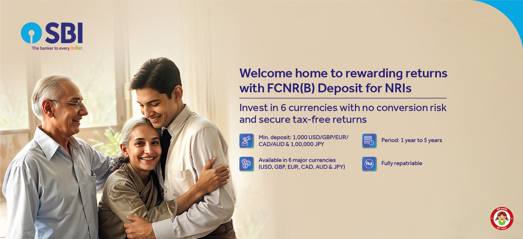 Promotional banner for State Bank of India's FCNR (Foreign Currency Non-Resident) deposit, showcasing benefits and features for Non-Resident Indians looking to invest in foreign currency